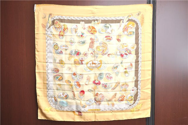 Authentic HERMES Carre 90 Scarf "COUVEE D'HERMES" Silk Yellow H9262