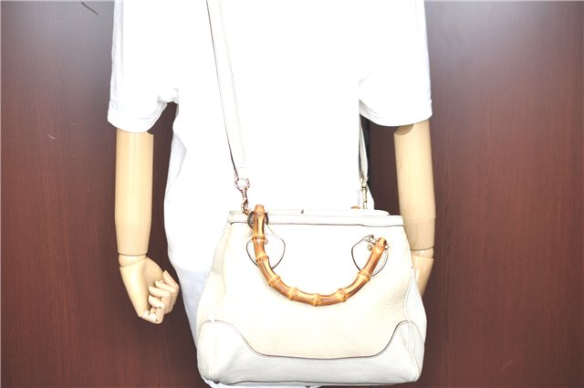 Authentic GUCCI Bamboo 2way Hand Shoulder Bag Leather 308360 White Ivory H9281