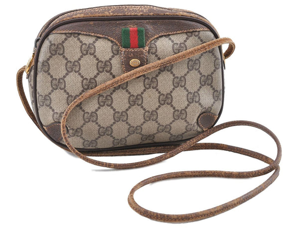 Authentic GUCCI Web Sherry Line Shoulder Cross Bag GG PVC Leather Brown H9312