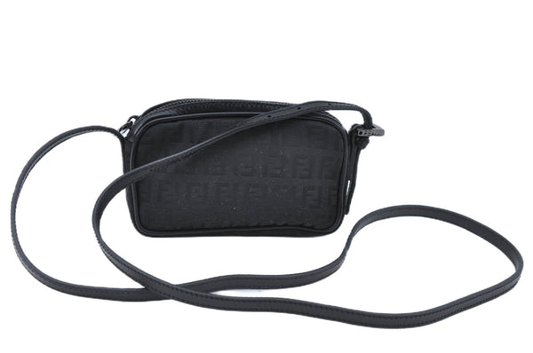 Authentic FENDI Zucchino Shoulder Cross Body Bag Canvas Leather Black H9320