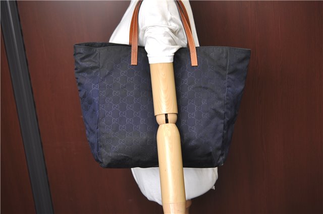 Authentic GUCCI Shoulder Tote Bag GG Nylon Leather 282439 Navy Blue Junk H9322