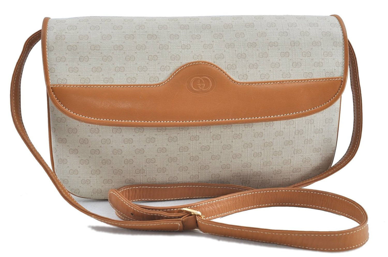 Authentic GUCCI Micro GG PVC Leather Shoulder Cross Body Bag Ivory Brown H9334