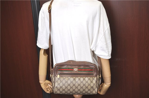 Auth GUCCI Web Sherry Line Shoulder Cross Bag GG PVC Leather Brown Junk H9359