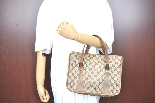 Authentic GUCCI Web Sherry Line Hand Bag Purse GG PVC Leather Brown Junk H9362