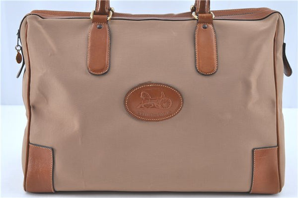 Authentic CELINE Hand Boston Bag Nylon Leather Beige Brown H9366