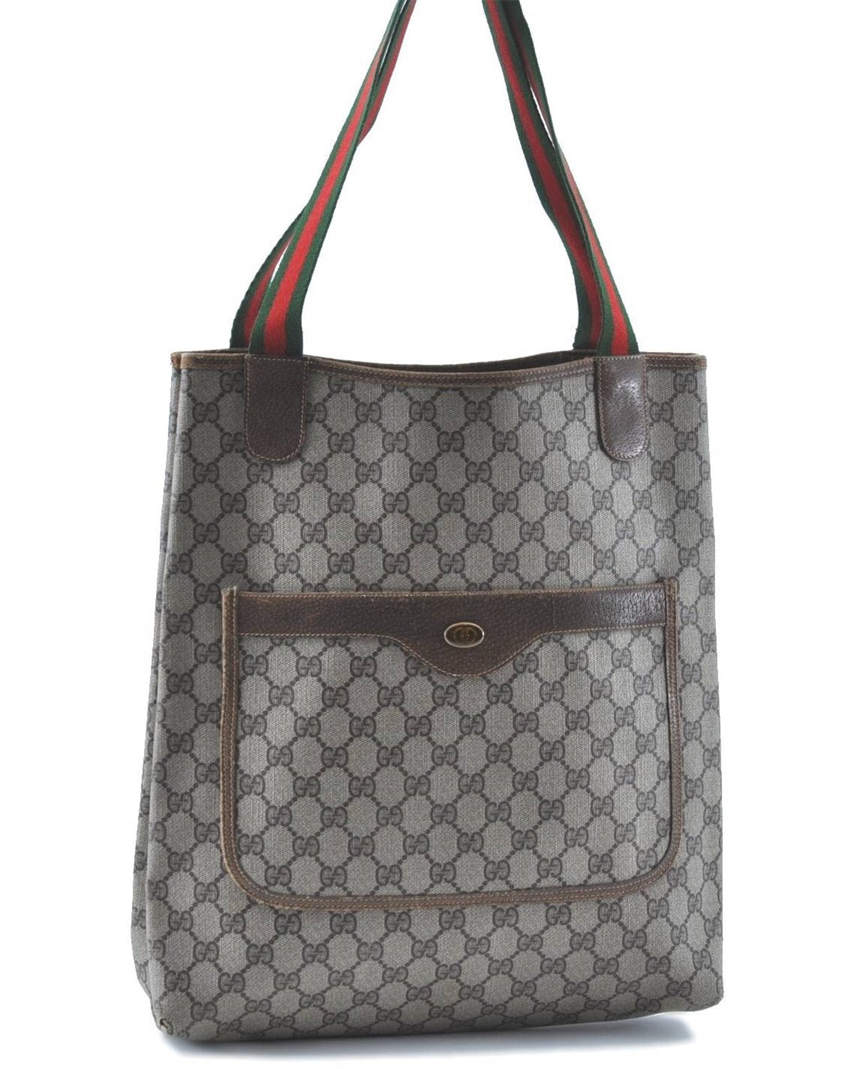 Authentic GUCCI Web Sherry Line Shoulder Tote Bag GG PVC Leather Brown H9369