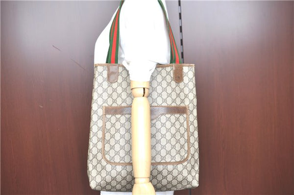 Authentic GUCCI Web Sherry Line Shoulder Tote Bag GG PVC Leather Brown H9369