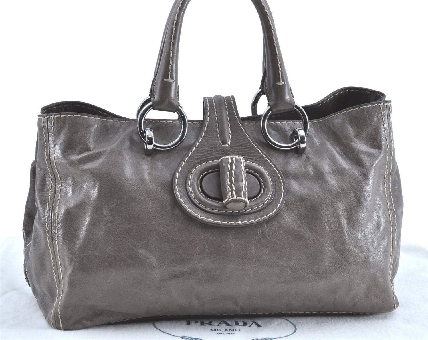 Authentic PRADA Leather Hand Tote Gray H9385