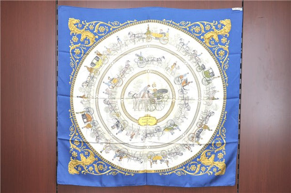 Authentic HERMES Carre 90 Scarf "LA PROMENADE DE LONGCHAMPS" Silk Blue H9388