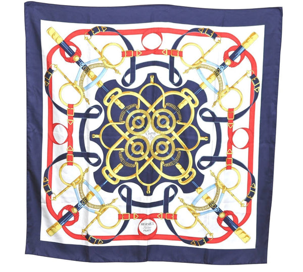 Authentic HERMES Carre 90 Scarf "Eperon d'or" Silk Navy H9393