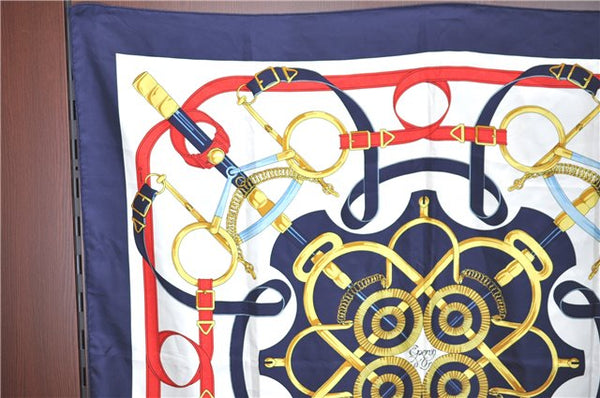 Authentic HERMES Carre 90 Scarf "Eperon d'or" Silk Navy H9393