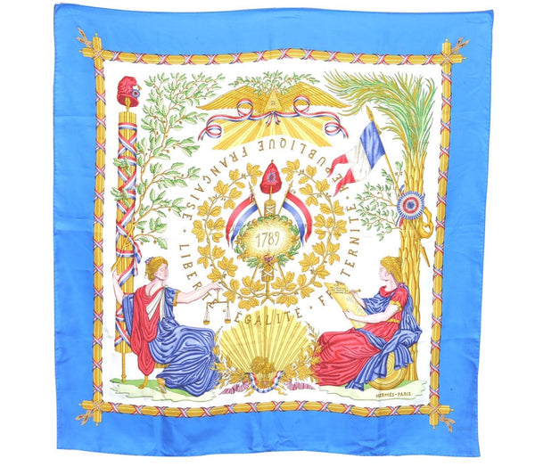 Authentic HERMES Carre 90 Scarf "LIBERTE EGALITE FRATERNITE" Silk Blue H9394