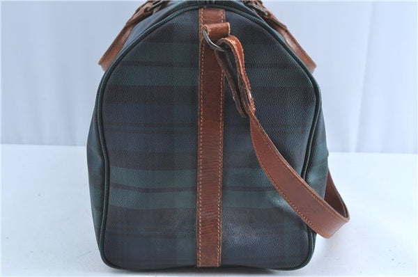 Auth POLO Ralph Lauren Vintage Check PVC Leather Travel Boston Bag Green H9397