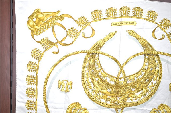 Authentic HERMES Carre 90 Scarf "LES CAVALIERS D`OR" Silk White H9420