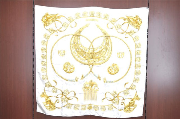 Authentic HERMES Carre 90 Scarf "LES CAVALIERS D`OR" Silk White H9420