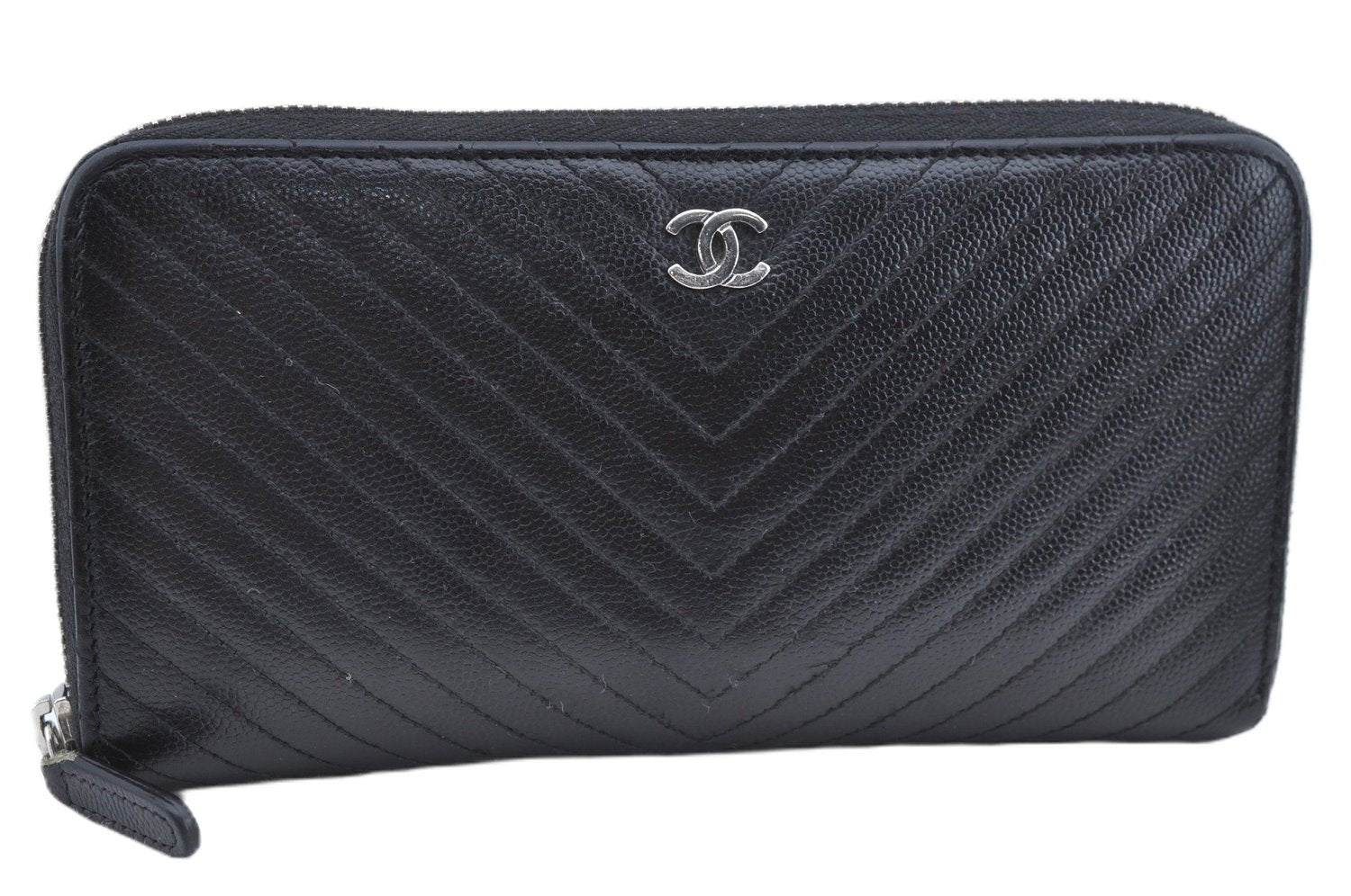 Authentic CHANEL Caviar Skin V Stitch Long Wallet Purse Black CC H9424