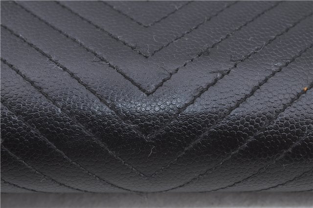 Authentic CHANEL Caviar Skin V Stitch Long Wallet Purse Black CC H9424