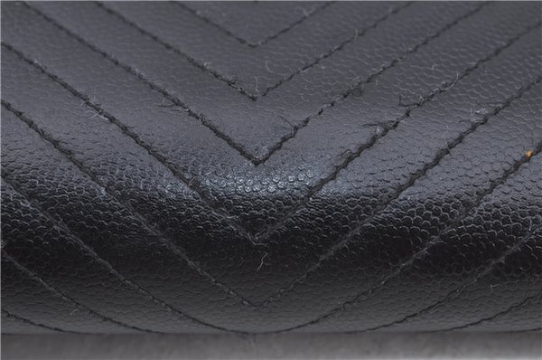 Authentic CHANEL Caviar Skin V Stitch Long Wallet Purse Black CC H9424