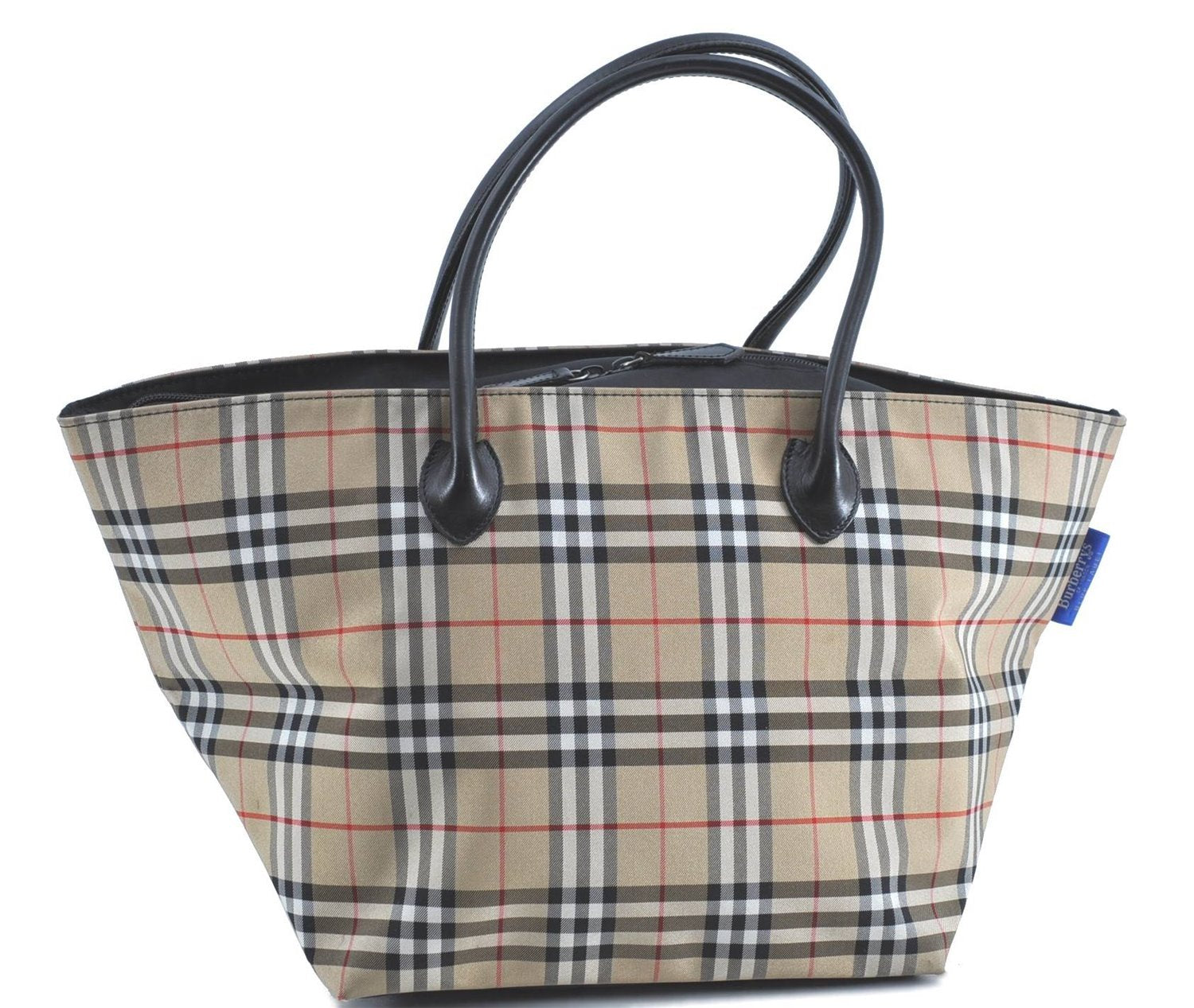 Authentic Burberrys BLUE LABEL Check Shoulder Tote Bag Nylon Leather Beige H9431