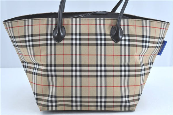 Authentic Burberrys BLUE LABEL Check Shoulder Tote Bag Nylon Leather Beige H9431