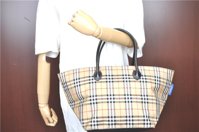 Authentic Burberrys BLUE LABEL Check Shoulder Tote Bag Nylon Leather Beige H9431