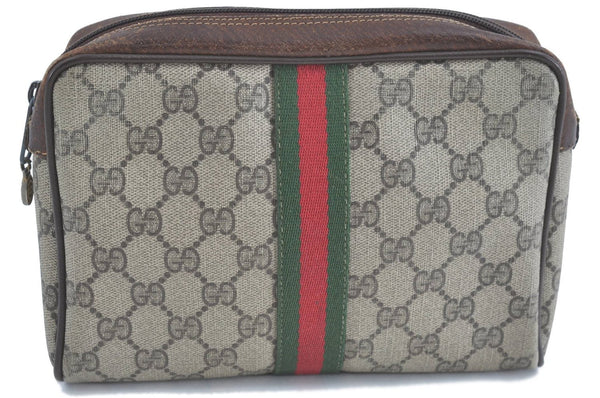 Authentic GUCCI Web Sherry Line Clutch Bag Pouch GG PVC Leather Brown Junk H9435