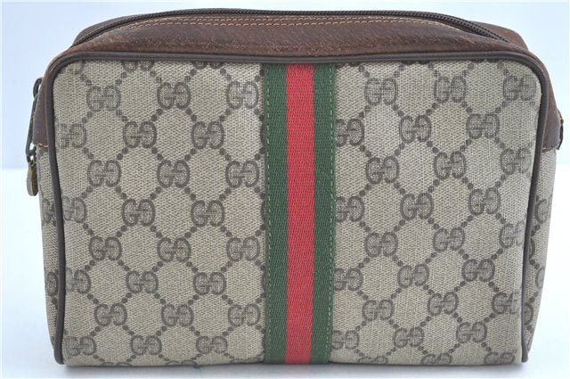 Authentic GUCCI Web Sherry Line Clutch Bag Pouch GG PVC Leather Brown Junk H9435