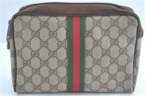 Authentic GUCCI Web Sherry Line Clutch Bag Pouch GG PVC Leather Brown Junk H9435