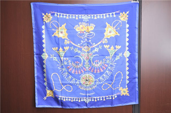 Authentic HERMES Carre 90 Scarf "PARURES DES SABLES" Silk Blue H9456