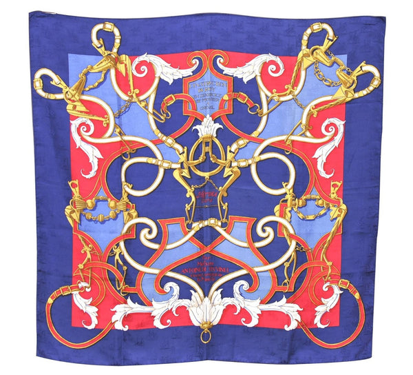 Auth HERMES Carre 90 Scarf "Par MEfsire ANTOINEDE PLVVINEL" Silk Navy Blue H9466