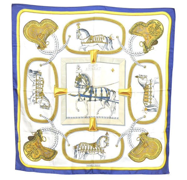 Authentic HERMES Carre 90 Scarf "GRAND APPARAT" Silk Blue Yellow  H9472