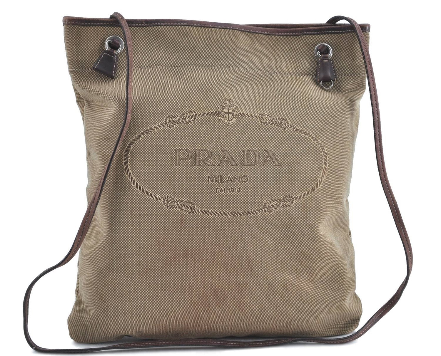 Authentic PRADA Canvas Leather Shoulder Cross Body Bag Brown H9476