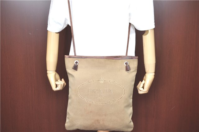 Authentic PRADA Canvas Leather Shoulder Cross Body Bag Brown H9476