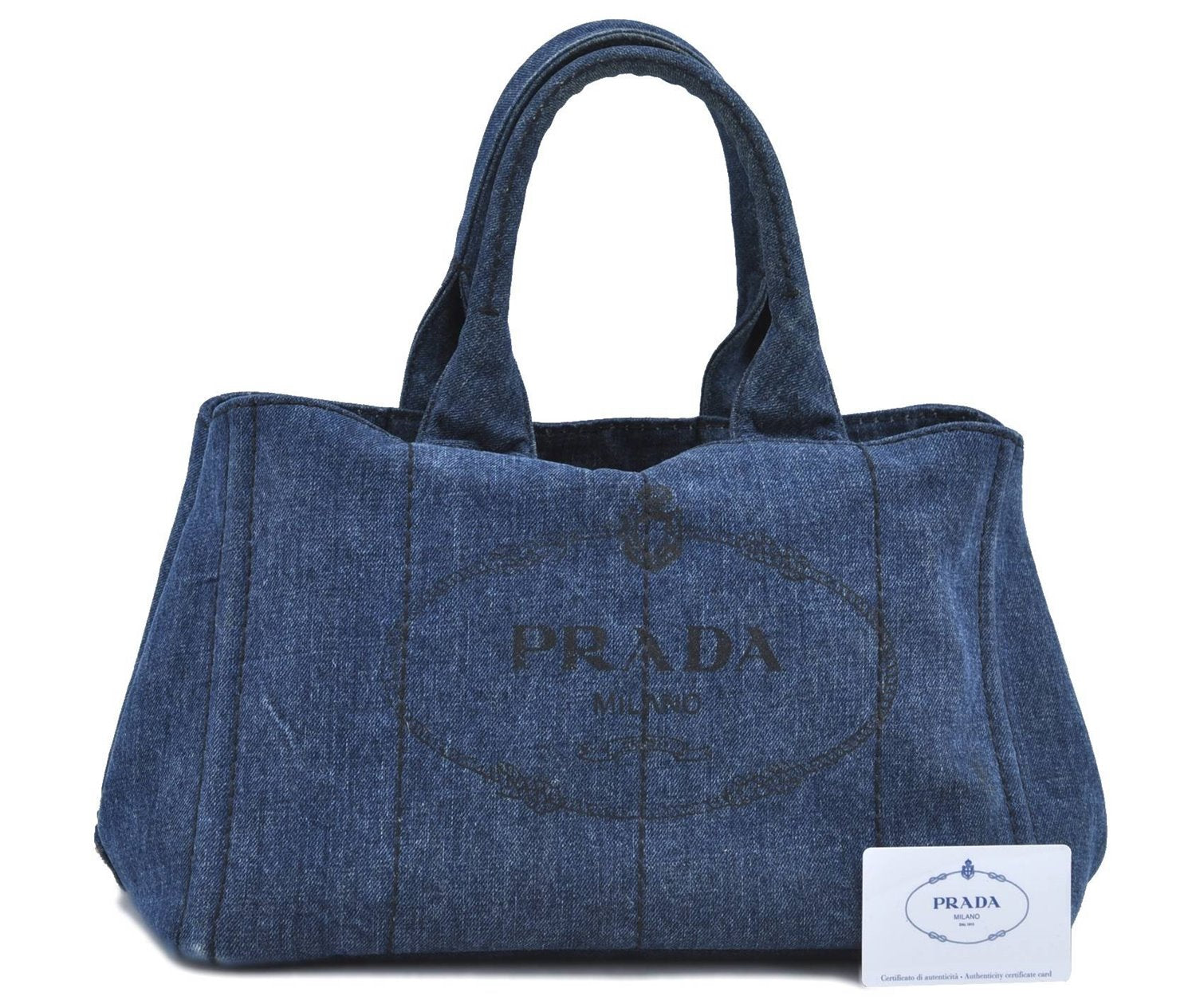 Authentic PRADA Canapa Canvas Tote Hand Bag B1877B Denim Blue H9480