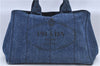 Authentic PRADA Canapa Canvas Tote Hand Bag B1877B Denim Blue H9480