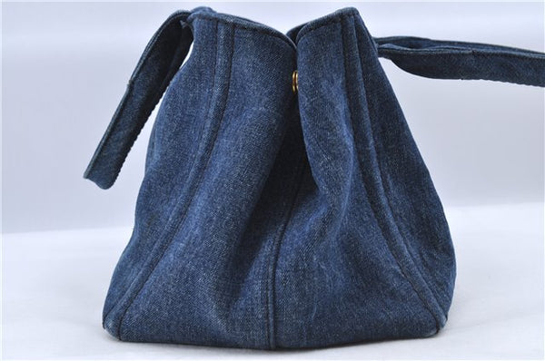 Authentic PRADA Canapa Canvas Tote Hand Bag B1877B Denim Blue H9480