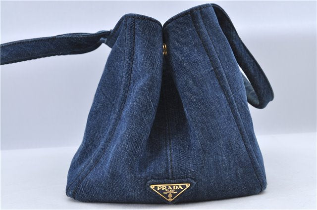 Authentic PRADA Canapa Canvas Tote Hand Bag B1877B Denim Blue H9480