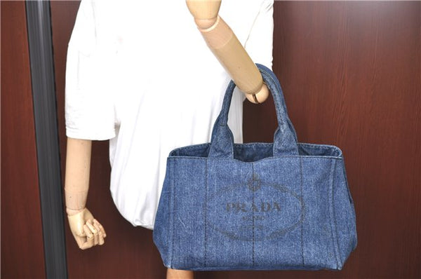 Authentic PRADA Canapa Canvas Tote Hand Bag B1877B Denim Blue H9480