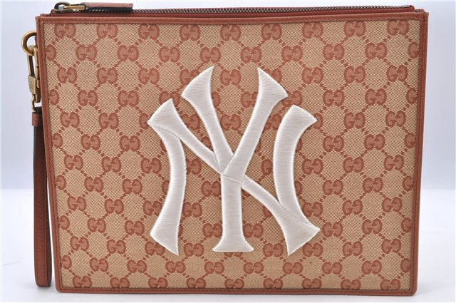 Auth GUCCI New York Yankees Clutch Bag Purse GG Canvas Pink 547796 Box H9481