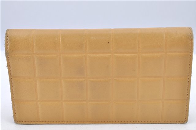 Authentic CHANEL Chocolate Bar Long Wallet Purse Calf Skin Beige CC H9482