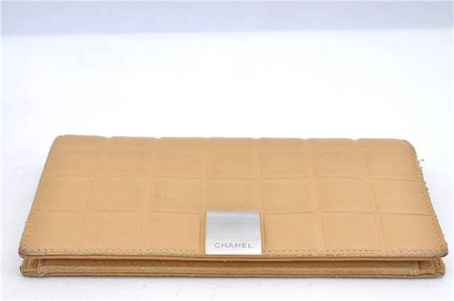 Authentic CHANEL Chocolate Bar Long Wallet Purse Calf Skin Beige CC H9482