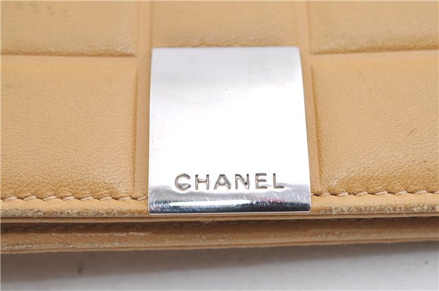 Authentic CHANEL Chocolate Bar Long Wallet Purse Calf Skin Beige CC H9482