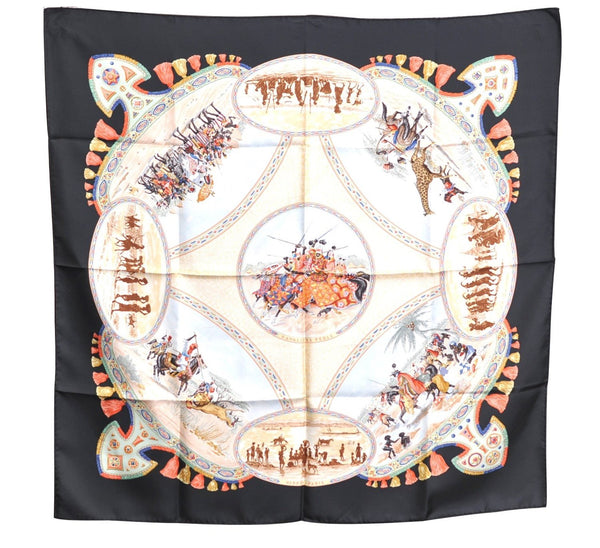 Authentic HERMES Carre 90 Scarf "CAVALIERS PEULS" Silk Black Box H9488