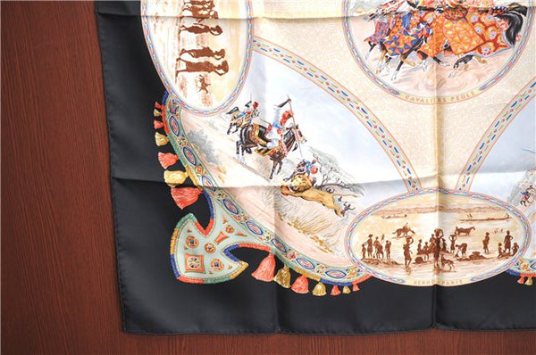 Authentic HERMES Carre 90 Scarf "CAVALIERS PEULS" Silk Black Box H9488