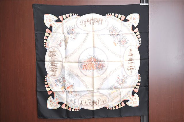 Authentic HERMES Carre 90 Scarf "CAVALIERS PEULS" Silk Black Box H9488