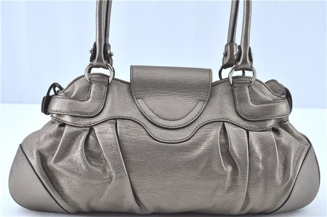 Authentic Ferragamo Gancini Leather Shoulder Tote Bag Silver H9492