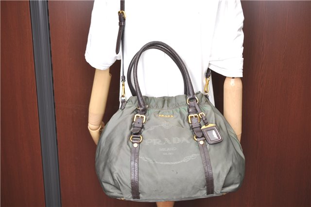 Authentic PRADA Nylon Leather 2Way Shoulder Hand Bag Khaki Green H9493