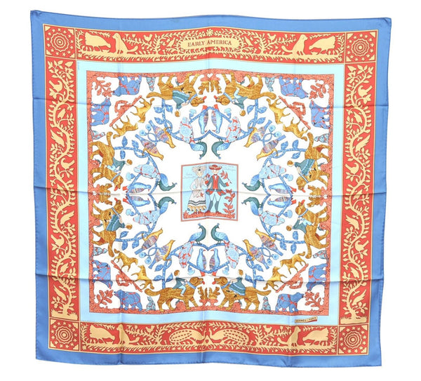 Authentic HERMES Carre 90 Scarf "Early America" Silk Blue Red H9497