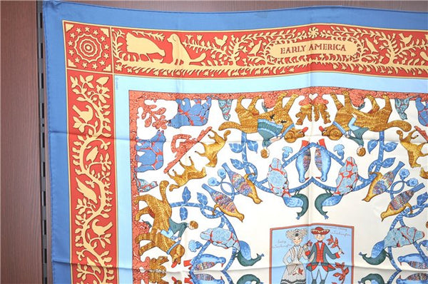 Authentic HERMES Carre 90 Scarf "Early America" Silk Blue Red H9497