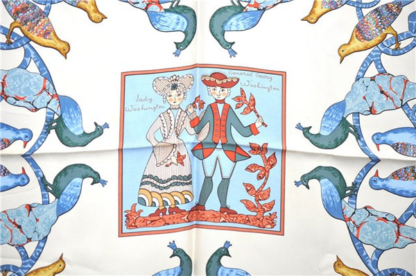 Authentic HERMES Carre 90 Scarf "Early America" Silk Blue Red H9497